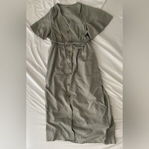 Olive Green Button Front Midi Dress Tie Waist Short Sleeve Minimalist